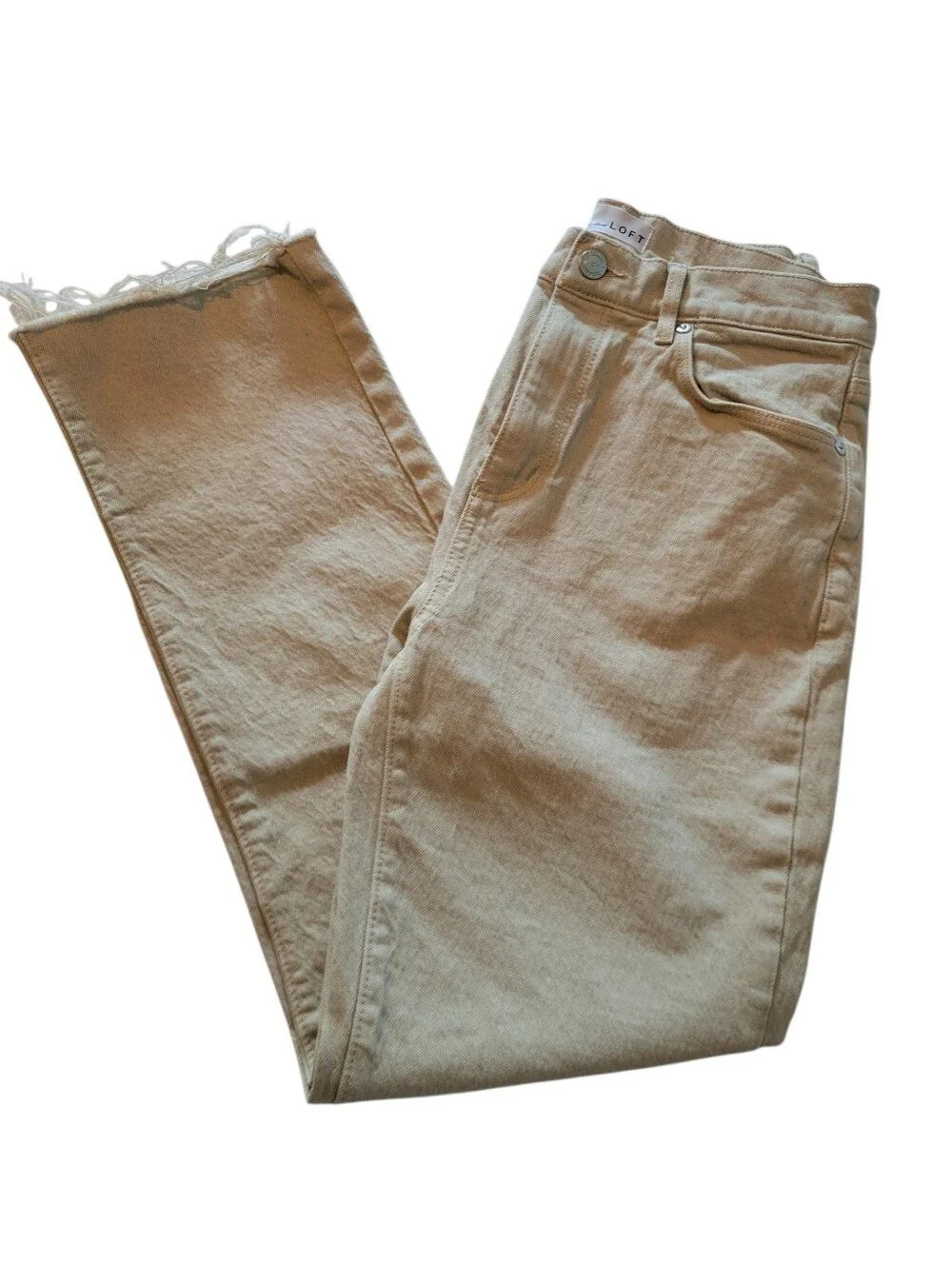 LOFT Frayed High Waisted Straight Crop Stone Cream Color Jeans 99% Cotton Sze 25
